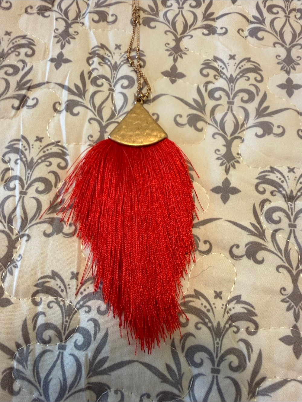 Influence Red Feather Tassel Pendant Necklace with Gold Accent- 15” w/ 3” exte